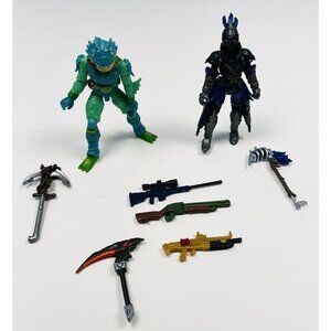 8pc Lot JAZWARES Fortnite Squad Mode 2 Figures RAVAGE & MOISTY + 6 Weapons EUC